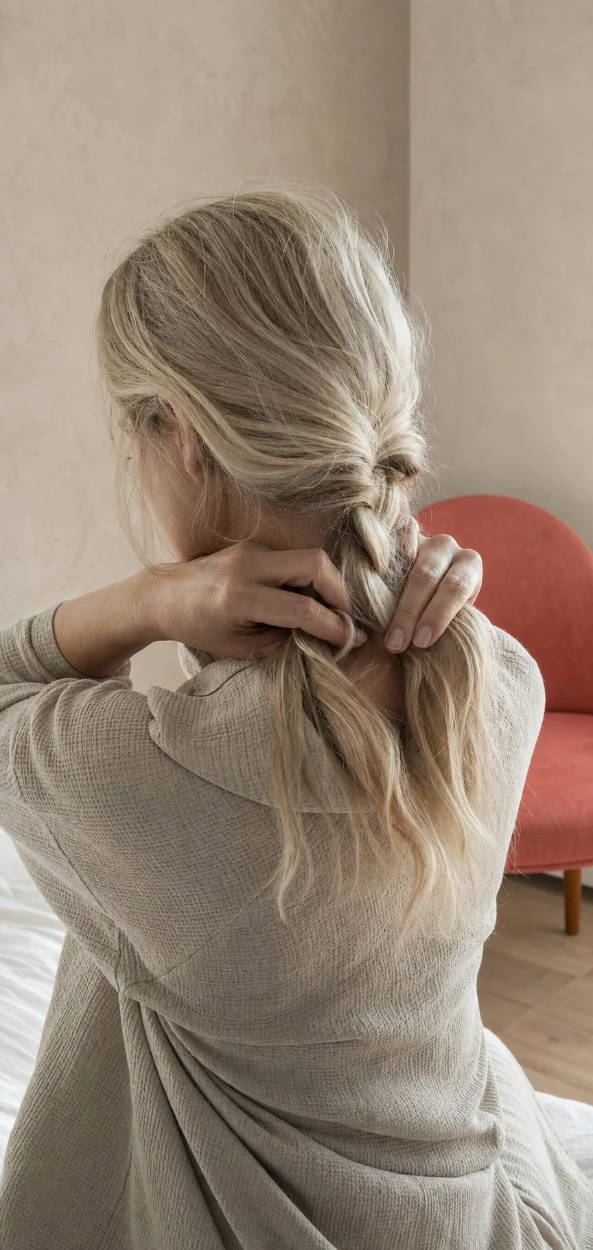 Woman loosely braiding her blonde hair