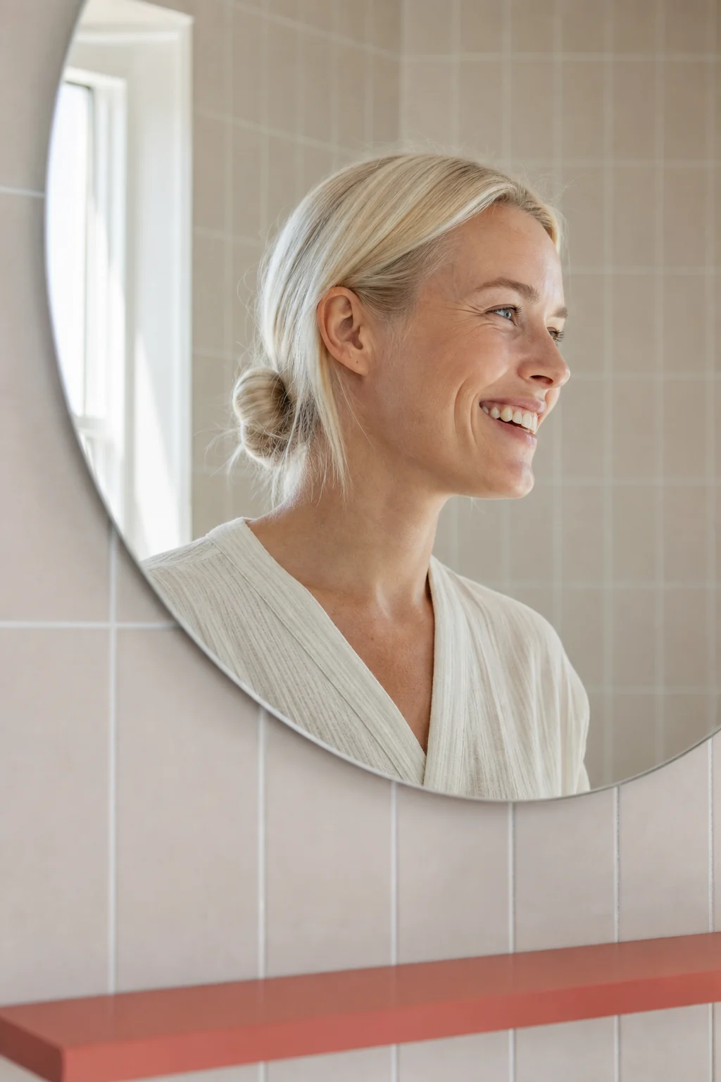 Woman smiling in a round bathroom mirror